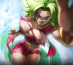  1girl absurdres battle blue_eyes blue_sky breasts cleavage cloud crop_top dragon_ball dragon_ball_super earrings elite_nappa green_hair grin highres incoming_attack jewelry kefla_(dragon_ball) large_breasts looking_at_viewer open_mouth potara_earrings pov sky smile solo spiked_hair super_saiyan sweat torn_clothes 