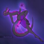  action_pose anthro casting_spell dark_body female generation_7_pokemon glowing glowing_eyes hi_res looking_down magic nintendo open_mouth pokemon pokemon_(species) pose salazzle scalie simple_background solo thick_thighs varlastreak wide_hips 