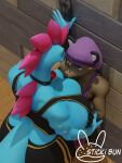  2022 3d_(artwork) against_surface anthro arm_grab big_breasts black_nose blue_body bottomwear breast_grab breasts breasts_in_face butt clothed clothing crocodilian curvy_figure digital_media_(artwork) duo eye_contact face_in_breasts female feraligatr flirting generation_2_pokemon gym_bottomwear gym_clothing hair hand_on_breast herpestid high-angle_view huge_breasts looking_at_another looking_down looking_up male male/female mammal mongoose nintendo pinned pinned_arms pinned_to_wall pokemon pokemon_(species) reptile scalie size_difference smile sticki_bun topwear yukigatr_(evov1) 