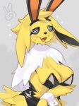  2022 anthro big_breasts biped blush bodily_fluids breasts cleavage clothed clothing digital_media_(artwork) eeveelution fake_ears fake_rabbit_ears female fur generation_1_pokemon hi_res jolteon kame_3 multicolored_body multicolored_fur nervous_smile nintendo pokemon pokemon_(species) simple_background solo spiral_eyes sweat two_tone_body two_tone_fur white_background white_body white_fur yellow_body yellow_fur 