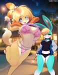  2023 absurd_res animal_crossing anthro bikini blurred_background blush breasts canid canine canis cleavage clothed clothing crossgender domestic_dog female fur hair hi_res isabelle_(animal_crossing) lagomorph leporid looking_at_viewer mammal mtf_crossgender nintendo rabbit sasha_(animal_crossing) shih_tzu smile sparkler swimwear toy_dog tsampikos yellow_body yellow_fur 