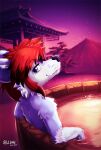  2020 anthro artist_name asian_architecture biped blue_body blue_fur canid canine dated digital_media_(artwork) fur hair hi_res hot_tub japanese_architecture looking_at_viewer looking_back looking_back_at_viewer lunesnowtail male mammal mountain nude outside partially_submerged purple_eyes red_hair shaded sky solo water white_body white_fur 