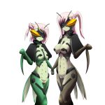  2girls armor arthropod_girl bikini_armor blindfold compound_eyes covered_eyes cyborg highres insect_wings mantis_girl monster_girl multiple_girls original visor_cap wings woodcity 