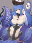  1girl anchor bangs blue_hair blunt_bangs breasts brown_eyes chain closed_mouth collar dungeon_squad hat highres kraken_(dungeon_squad) large_breasts long_hair looking_at_viewer metal_collar monster_girl scylla sidelocks solo suction_cups tentacles watercraft yonaga_san 