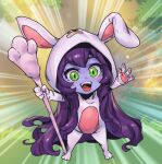 1girl :d alternate_costume animal_costume animal_ears animal_hood bangs blush commentary fake_animal_ears fangs full_body green_eyes holding holding_staff hood hood_up league_of_legends long_hair lulu_(league_of_legends) phantom_ix_row purple_hair rabbit_costume rabbit_hood shiny shiny_hair slit_pupils smile solo staff standing symbol-only_commentary teeth tongue upper_teeth_only yordle 