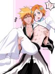  !? 1boy 1girl abs artist_name bleach bleach:_the_thousand-year_blood_war blush breasts brown_eyes carrying collarbone couple genderswap genderswap_(ftm) genderswap_(mtf) hair_ornament hairpin hetero highres inoue_orihime kurosaki_ichigo long_sleeves midriff navel one_eye_closed open_mouth orange_hair princess_carry rozuberry shirt short_hair skirt spiked_hair standing white_footwear white_shirt white_skirt 