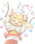  1girl ^_^ ^o^ animal animal_on_head arms_up arnest ascot bangs blonde_hair blush bow bunny_pose closed_eyes collarbone crystal facing_viewer fang flandre_scarlet floating_hair frilled_cuffs frilled_shirt_collar frills hair_bow happy highres on_head one_side_up open_mouth puffy_short_sleeves puffy_sleeves rabbit rabbit_on_head rainbow_order red_bow red_skirt red_vest shiny shiny_hair shirt shirt_tucked_in short_hair short_sleeves simple_background skin_fang skirt skirt_set solo sound_effects touhou upper_body vest white_background white_shirt white_sleeves wing_collar wings wrist_cuffs yellow_ascot 