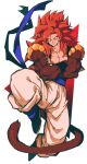  1boy absurdres baggy_pants biceps black_footwear black_nails black_vest black_wristband blue_eyes blue_sash body_fur boots closed_mouth collarbone crossed_arms dragon_ball dragon_ball_gt fingernails full_body gogeta highres leg_up long_hair looking_at_viewer male_focus metamoran_vest monkey_tail muscular muscular_male open_clothes open_vest pants pectorals red_background red_fur red_hair relio_db318 sash simple_background smile solo spiked_hair super_saiyan super_saiyan_4 tail two-tone_background v-shaped_eyebrows vest white_background white_pants wristband 
