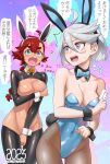  2023 2girls ahoge animal_ear_headwear animal_ears artist_name blue_bow blue_bowtie blue_eyes blue_leotard blush bow bowtie breasts chinese_zodiac cleavage covered_navel covering covering_breasts covering_crotch cuff_links dark-skinned_female dark_skin embarrassed grey_eyes gundam gundam_suisei_no_majo headband highres large_breasts leotard medium_breasts meme_attire miorine_rembran multiple_girls name_tag navel open_mouth orange_bow orange_bowtie pale_skin pantyhose playboy_bunny ponytail rabbit_ears red_hair reverse_bunnysuit reverse_outfit satou_shouji short_hair speech_bubble suletta_mercury sweatdrop thick_eyebrows white_hair wide-eyed wrist_cuffs year_of_the_rabbit 