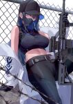  1girl baseball_cap belt black_belt black_gloves black_hair black_headwear black_pants black_shirt blue_archive blue_eyes blue_hair breasts coat covered_mouth covered_nipples crop_top gloves gun hat highres holding holding_gun holding_weapon large_breasts long_hair looking_at_viewer mask midriff mouth_mask pants saori_(blue_archive) shirt sitting sleeveless sleeveless_shirt solo vermilli000n weapon white_coat 