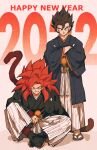  2022 2boys absurdres black_hair black_jacket black_kimono black_socks blue_eyes body_fur commentary crossed_arms dragon_ball dragon_ball_gt earrings full_body gogeta grin hakama hakama_pants haori haori_himo happy_new_year highres jacket japanese_clothes jewelry kimono long_hair looking_at_viewer male_focus monkey_tail multiple_boys open_clothes open_jacket pants pom_pom_(clothes) potara_earrings red_fur red_hair relio_db318 ribbon sandals shadow simple_background sitting smile smirk socks spiked_hair standing super_saiyan super_saiyan_4 tabi tail teeth v-shaped_eyebrows vegetto white_hakama white_pants white_ribbon zouri 