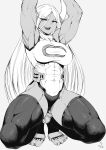  1girl :d absurdres animal_ears armpits arms_up bangs bare_shoulders biceps boku_no_hero_academia breasts covered_abs covered_navel crescent_print dark-skinned_female dark_skin fur_collar greyscale hair_between_eyes highleg highleg_leotard highres large_breasts leotard long_eyelashes long_hair looking_at_viewer mirko monochrome muscular muscular_female obliques open_mouth parted_bangs rabbit_ears rabbit_girl signature sleeveless_turtleneck_leotard smile solo speedl00ver squatting taut_leotard teeth thick_thighs thighhighs thighs upper_teeth_only very_long_hair white_hair white_leotard 