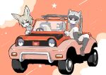  2girls animal_ears bangs black_hair black_socks blouse bow bowtie brown_hair car crab-eating_raccoon_(kemono_friends) dune_buggy extra_ears fox_ears fox_tail gloves grey_hair ground_vehicle japari_symbol kemono_friends kemono_friends_3 knee_up light_brown_hair looking_at_viewer medium_hair motor_vehicle multicolored_hair multiple_girls nenkou-san raccoon_ears raccoon_girl raccoon_tail rueppell&#039;s_fox_(kemono_friends) shirt shoes short_hair sitting skirt smile socks steering_wheel tail white_hair 