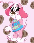  2020 animal_crossing anthro barefoot biped black_eyes bottomless brown_nose canid canine canis clothed clothing cookie cookie_(animal_crossing) digital_drawing_(artwork) digital_media_(artwork) domestic_dog eyebrows feet female food full-length_portrait looking_at_viewer mammal mirabuncupcakes15 multicolored_body nintendo pattern_clothing pattern_shirt pattern_topwear paws pink_background pink_body pink_ears plaid plaid_clothing plaid_shirt plaid_topwear portrait shirt simple_background smile smiling_at_viewer solo tail topwear two_tone_body white_body 