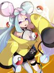  1girl :d bangs black_shorts character_hair_ornament commentary_request electricity green_hair hair_ornament highres iono_(pokemon) jacket long_hair multicolored_hair open_mouth pink_hair poke_ball poke_ball_(basic) pokemon pokemon_(game) pokemon_sv purple_eyes shirt shorts single_leg_pantyhose sleeveless sleeveless_shirt sleeves_past_fingers sleeves_past_wrists smile solo star_(symbol) star_print teeth thigh_strap toiro_gawon tongue twintails two-tone_hair upper_teeth_only yellow_jacket 