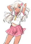  1girl alternate_costume blonde_hair blue_eyes commentary_request contrapposto cowboy_shot dark-skinned_female dark_skin flower fuji_(pixiv24804665) hair_flower hair_ornament highres kantai_collection long_hair looking_at_viewer neckerchief one-piece_tan one_eye_closed open_mouth pleated_skirt red_sailor_collar red_skirt ro-500_(kancolle) round_teeth sailor_collar school_uniform serafuku shirt simple_background skirt smile solo tan tanlines teeth upper_teeth_only white_background white_shirt yellow_neckerchief 