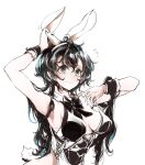  1girl adjusting_bra adjusting_clothes animal_ears black_bow black_hair bow bra closed_mouth corset detached_collar endou_okito fake_animal_ears green_eyes hair_between_eyes highres long_hair original rabbit_ears rabbit_tail simple_background solo tail underwear wavy_hair white_background wrist_cuffs 