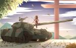  1girl absurdres artist_name bow brown_hair dated dress dshk falling_leaves gohei ground_vehicle gun hakurei_reimu hakurei_shrine heavy_machine_gun highres japanese_clothes leaf machine_gun miko military military_vehicle motor_vehicle outdoors pzgr.40 red_bow red_dress shinto solo t-44 tank tank_focus touhou tree vehicle_focus weapon 