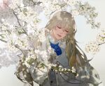  1boy blonde_hair branch closed_eyes fate/grand_order fate_(series) flower focal gloves hair_between_eyes hand_in_own_hair highres kirschtaria_wodime long_hair long_sleeves male_focus parted_lips shadow white_flower white_gloves 