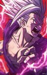  1boy blurry chromatic_aberration collarbone crazy_eyes dougi dragon_ball dragon_ball_super dragon_ball_super_super_hero electricity fecaa frown gohan_beast grey_hair male_focus open_mouth red_background red_eyes solo son_gohan twitter_username upper_body 