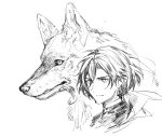  1boy cape commentary constantine_xi_(fate) cropped_shoulders earrings fate/grand_order fate_(series) greyscale hair_between_eyes heki0529 jewelry looking_ahead male_focus monochrome serious shirt short_hair simple_background solo white_background wolf 