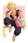  1boy absurdres biceps blonde_hair boots closed_mouth collarbone dougi dragon_ball dragon_ball_z earrings full_body gloves green_eyes hair_between_eyes hand_up head_rest head_tilt highres invisible_chair jewelry knee_up looking_at_viewer male_focus monkey_tail muscular muscular_male one_eye_closed orange_sash orange_shirt pectorals pillow pink_background potara_earrings relio_db318 sash shirt short_sleeves simple_background sitting smile solo spiked_hair super_saiyan super_saiyan_1 tail two-tone_background v-shaped_eyebrows vegetto white_background white_footwear white_gloves 