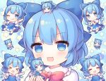  &gt;_&lt; 6+girls ahoge blue_bow blue_dress blue_eyes blue_footwear blue_hair blush bow cirno closed_eyes closed_mouth collared_shirt commentary_request detached_wings dress drooling fairy hair_between_eyes hair_bow ice ice_wings multiple_girls multiple_persona one_eye_closed open_mouth pjrmhm_coa puffy_short_sleeves puffy_sleeves shirt shoes short_hair short_sleeves smile socks touhou white_shirt white_socks wings 