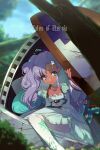  1girl aircraft closed_mouth commentary_request copyright_name creature dark-skinned_female dark_skin dress echo_(circa) long_hair meredy_(tales) outdoors pantyhose purple_eyes purple_hair quickie_(tales) skirt tales_of_(series) tales_of_eternia tree twintails twitter_username 