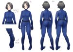  1girl absurdres ass belt blue_bodysuit blue_gloves bodysuit boots brown_eyes brown_hair close-up commentary_request full_body gloves highres looking_at_viewer multiple_views original sahara1127 short_hair standing 