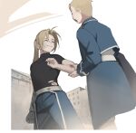  1boy 1girl absurdres ahoge bandage_on_face bandages bangs black_shirt blonde_hair blood blood_on_arm blue_jacket blue_pants blue_skirt building cbow closed_eyes cowboy_shot cropped_jacket edward_elric fullmetal_alchemist hair_up highres injury jacket long_sleeves mechanical_arms military military_uniform open_mouth outdoors pants parted_bangs parted_lips ponytail riza_hawkeye shirt short_sleeves single_mechanical_arm skirt tight tight_shirt turtleneck uniform 