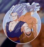  2boys back-to-back clenched_hand commentary_request dougi dragon_ball dragon_ball_super dragon_ball_super_super_hero electricity father_and_son frown gohan_beast grey_eyes grey_hair highres large_pectorals male_focus multiple_boys muscular muscular_male naraku_(zg8w5) pectorals red_eyes serious smile son_gohan son_goku topless_male ultra_instinct wristband 