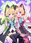  2girls :d animal_ear_headphones animal_ears bangs black_shorts black_skirt black_thighhighs blonde_hair blue_archive blue_bow blue_necktie blush boots bow collared_shirt commentary_request fake_animal_ears green_eyes hair_bow halo harada_(sansei_rain) headphones highres jacket long_sleeves looking_at_viewer midori_(blue_archive) momoi_(blue_archive) multiple_girls necktie off_shoulder open_clothes open_jacket outline palms_together pink_eyes pink_footwear pleated_skirt puffy_long_sleeves puffy_sleeves red_eyes shirt short_necktie short_shorts shorts siblings sidelocks sisters skirt smile suspender_skirt suspenders thighhighs thighhighs_under_boots twins v white_jacket white_outline white_shirt wide_sleeves 