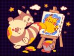  :3 cloud easel furret leg_up no_humans open_mouth paint paint_can painting_(action) painting_(object) pikachu plaid plaid_background pokemon puparomi purple_background smile spill standing standing_on_one_leg star_(symbol) 