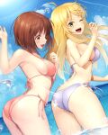  2girls absurdres ass bikini blonde_hair blue_sky breasts brown_eyes brown_hair cloud commentary_request commission day from_behind green_eyes hagiwara_yukiho highres hirama horizon hoshii_miki idolmaster large_breasts long_hair multiple_girls ocean one_eye_closed outdoors pink_bikini short_hair skeb_commission sky smile spanking swimsuit water white_bikini 