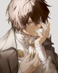  1boy bandaged_arm bandaged_neck bandages bangs brown_eyes brown_hair bungou_stray_dogs closed_mouth coat collared_shirt dazai_osamu_(bungou_stray_dogs) flower grey_background hair_between_eyes highres holding holding_flower long_sleeves looking_at_viewer nozz177 open_clothes open_coat rose shirt smile white_flower white_rose white_shirt 