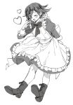  1boy :d ;d alternate_costume ametant apron bangs bow bowtie danganronpa_(series) danganronpa_v3:_killing_harmony dress enmaided frilled_apron frills full_body hair_between_eyes hand_up heart juliet_sleeves long_sleeves maid maid_apron male_focus one_eye_closed ouma_kokichi puffy_sleeves shoes smile solo 