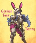  1girl animal_ears armor breastplate full_armor gauntlets greaves helmet highres long_hair looking_at_viewer medieval metal_boots orange_background original pauldrons rabbit_ears rabbit_girl shoulder_armor solo vanishlily yellow_background 