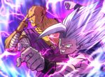 2boys antennae aura blurry clenched_teeth colored_skin crazy_eyes crazy_grin crazy_smile dougi dragon_ball dragon_ball_super dragon_ball_super_super_hero electricity fecaa gohan_beast grey_eyes grin highres makankousappou male_focus multiple_boys muscular muscular_male orange_piccolo orange_skin piccolo red_eyes smile son_gohan teeth wristband 