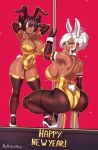  2girls aestheticc-meme animal_ears ass ass_focus black_hair breasts bunny_pose chinese_zodiac commentary_request daniela_(aestheticc-meme) dark-skinned_female dark_skin fake_animal_ears fake_tail gold_leotard happy_new_year high_heels highres huge_ass huge_breasts large_breasts leotard long_hair looking_at_viewer mole mole_on_breast mother_and_daughter multicolored_hair multiple_girls new_year original pantyhose playboy_bunny pole pole_dancing rabbit_ears rabbit_tail sabrina_(aestheticc-meme) squatting strapless strapless_leotard stripper_pole tail thick_thighs thighhighs thighs white_hair year_of_the_rabbit 