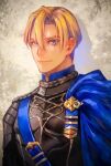  1boy armor bangs black_armor blonde_hair blue_cape blue_eyes cape closed_mouth dimitri_alexandre_blaiddyd fire_emblem fire_emblem:_three_houses garreg_mach_monastery_uniform hair_between_eyes high_collar highres kin_mokusei male_focus military military_uniform parted_bangs portrait short_hair shoulder_belt smile solo uniform upper_body 