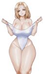  1girl absurdres bare_shoulders blonde_hair breasts brown_eyes cleavage clothes_pull covered_nipples curvy facial_mark forehead_mark highres huge_breasts inovy lips mature_female naruto naruto_(series) one-piece_swimsuit one-piece_swimsuit_pull solo swimsuit thick_thighs thighs tsunade_(naruto) white_background white_one-piece_swimsuit wide_hips 