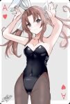  1girl absurdres ace_of_hearts ahoge alternate_costume animal_ears bare_shoulders black_leotard black_pantyhose breasts brown_hair calin card_(medium) grey_eyes hair_ribbon hands_up heart highres kagerou_(kancolle) kantai_collection leotard medium_breasts pantyhose playboy_bunny rabbit_ears ribbon solo strapless strapless_leotard twintails yellow_ribbon 