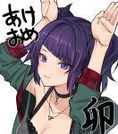  1girl arms_up bangs black_choker breasts choker cleavage closed_mouth collarbone commentary_request diagonal_bangs gomibukurokarasu green_jacket idolmaster idolmaster_shiny_colors jacket long_sleeves looking_at_viewer medium_breasts multicolored_hair open_clothes open_jacket purple_eyes purple_hair simple_background smile solo streaked_hair tanaka_mamimi translation_request twintails upper_body white_background 