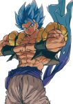  1boy abs absurdres artist_name baggy_pants biceps black_vest black_wristband blue_eyes blue_hair blue_sash clenched_hands closed_mouth collarbone cowboy_shot dragon_ball dragon_ball_super gogeta highres looking_at_viewer male_focus metamoran_vest muscular muscular_male open_clothes open_vest pants pectorals relio_db318 sash simple_background smile smirk solo spiked_hair standing super_saiyan super_saiyan_blue twitter_username v-shaped_eyebrows veins vest white_background white_pants wristband 
