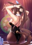  1girl adjusting_hair admire_vega_(umamusume) alternate_costume animal_ears armpits ass backless_outfit brown_hair casino_card_table commentary_request highres horse_ears horse_girl horse_tail long_hair looking_at_viewer playboy_bunny poker_chip ponytail solo starheart table tail umamusume 