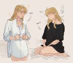  1girl bed_sheet black_shirt blonde_hair blush brown_eyes closed_eyes collared_shirt cowboy_shot cup earrings full_body fullmetal_alchemist grey_background hair_between_eyes hickey highres holding holding_cup jewelry kneeling long_hair long_sleeves messy_hair multiple_views no_pants raicchi_(raicchi96) riza_hawkeye shirt short_sleeves sleeves_rolled_up sparkle spoken_squiggle squiggle standing t-shirt white_shirt 