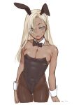  2023 absurdres animal_ears black_leotard blonde_hair bow bowtie bulge collarbone covered_navel cowboy_shot dark_skin detached_collar erection erection_under_clothes fake_animal_ears from_above ganguro groin hair_over_one_eye highres leotard lips long_hair looking_up male_playboy_bunny mouth_hold original pantyhose rabbit_ears signature simple_background solo tawapo white_background wrist_cuffs 