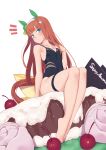  1girl animal_ears bangs bare_arms bare_legs bare_shoulders barefoot black_one-piece_swimsuit blue_eyes brown_hair casual_one-piece_swimsuit cherry commentary english_commentary feet food fruit hairband highres horse_ears horse_girl horse_tail in_food jilu legs long_hair looking_at_viewer notice_lines one-piece_swimsuit parted_lips silence_suzuka_(umamusume) simple_background sitting solo swimsuit tail thigh_strap toes umamusume very_long_hair white_background white_hairband 