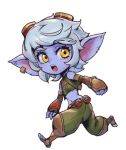  1girl :o bangs bare_shoulders brown_pants explosive fingerless_gloves from_side gloves goggles goggles_on_head grenade grey_hair league_of_legends navel pants phantom_ix_row pointy_ears running simple_background solo stomach teeth tongue tristana upper_teeth_only white_background yellow_eyes yordle 