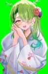  1girl :d absurdres bangs blue_nails blush braid braided_bangs branch ceres_fauna commentary_request fur_collar green_background green_hair grey_kimono gukurosawa01 hair_over_one_eye hands_up highres hololive hololive_english japanese_clothes kimono long_hair long_sleeves looking_at_viewer mole mole_under_eye multicolored_hair nail_polish orange_eyes simple_background smile solo steepled_fingers streaked_hair teeth upper_body upper_teeth_only virtual_youtuber wide_sleeves 